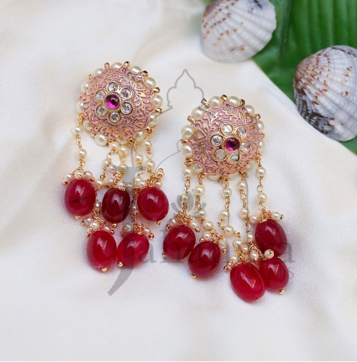 Kundan Pink Meena Chain Earrings 