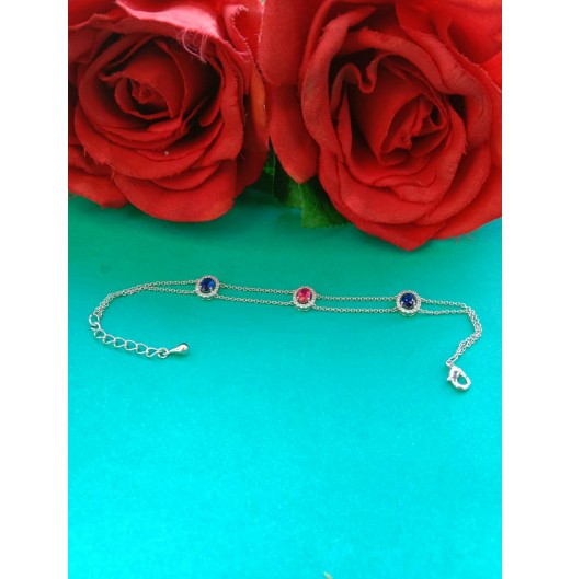 Blue Pink CZ Double Chain Bracelet