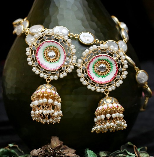 Meenakari Grey And White Jhumki