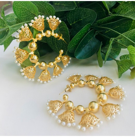 Gold Tone Pearl Spike Hoop Earrings