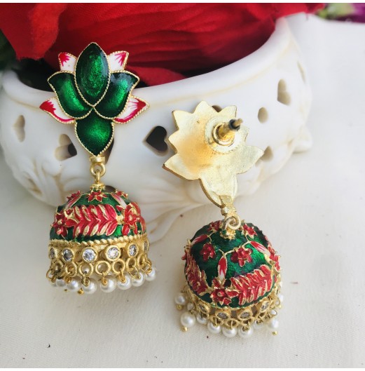 Gold Tone Lotus Meenakari Jhumki with Pearls