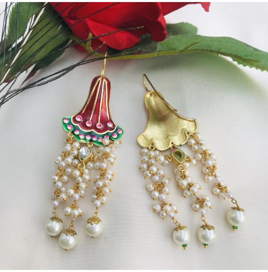 Gold Plated Red Handpainted Pearl Drop Earrings