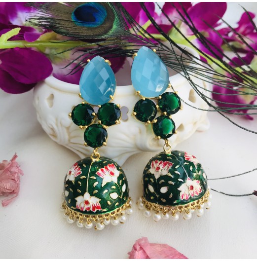 Green Meenakari Blue Stone Gold Plated Pearl Jhumka