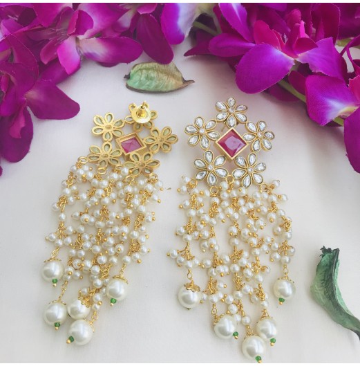 Flower Pattern Kundan Pearl Earrings 