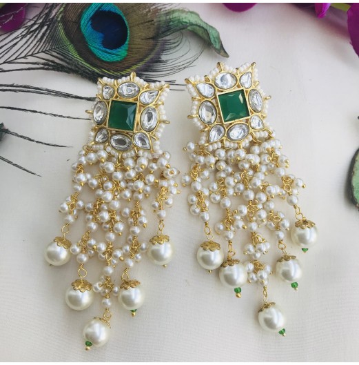 Gold Tone Kundan Pearl Hanging Earrings 