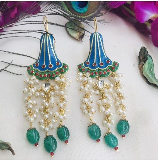 Gold Plated Feroze Handpainted Pearl Earrings