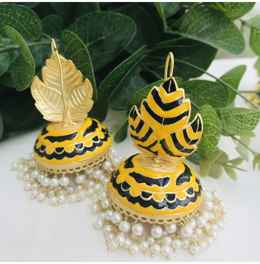 Yellow Handpainted Geometric Jhumki