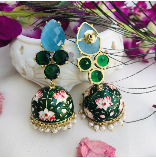 Green Meenakari Blue Stone Gold Plated Pearl Jhumka