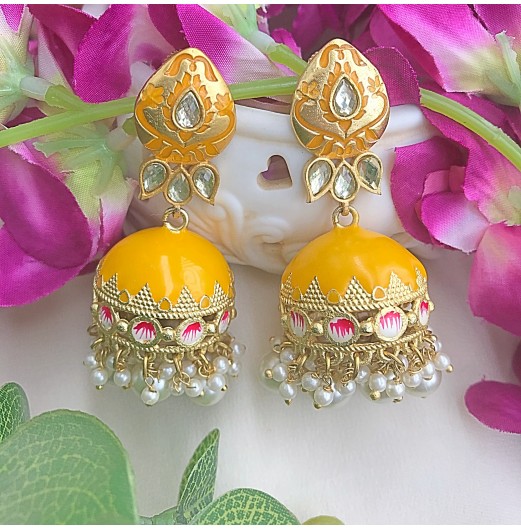 Yellow Kundan Meenakari Jhumki 