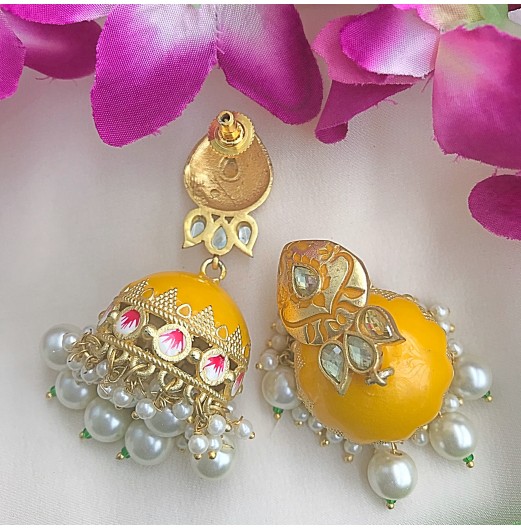 Yellow Kundan Meenakari Jhumki 