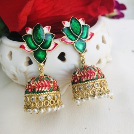 Gold Tone Lotus Meenakari Jhumki with Pearls