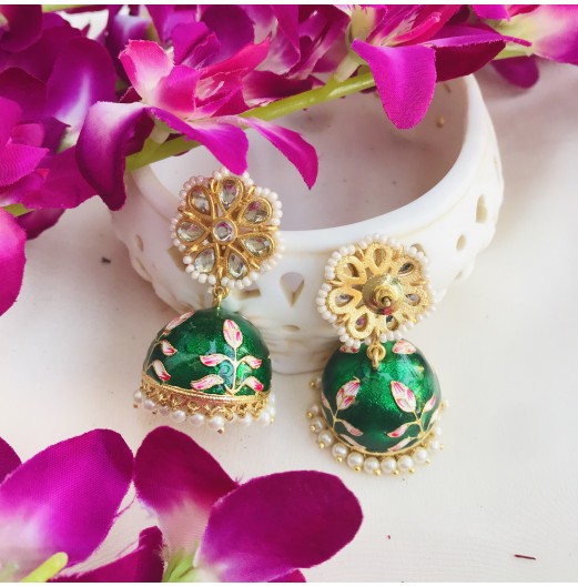 Green Meenakari Gold Plated Jhumka