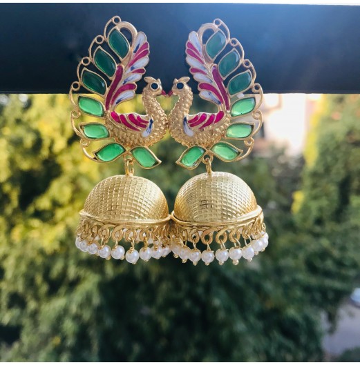 Gold Tone Handpainted Green Peacock Jhumki