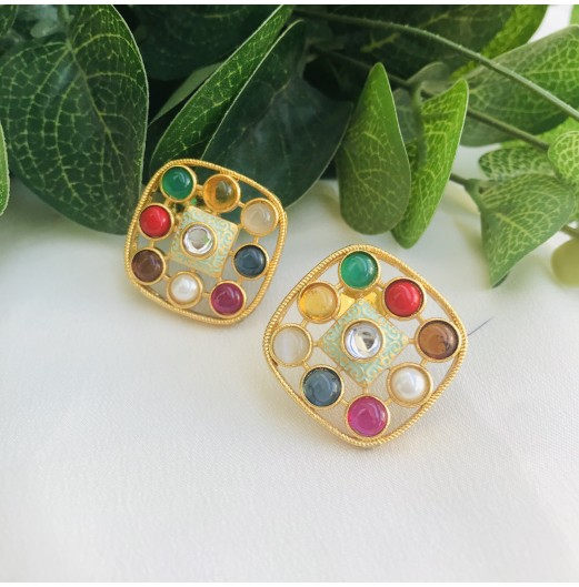 Gold Tone Navratan Stone Stud Earrings