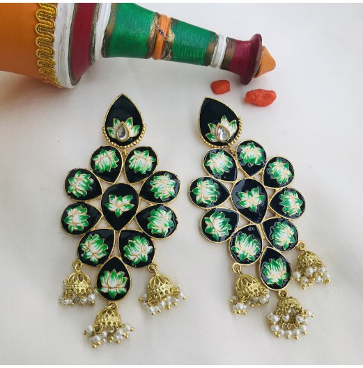 Handpainted Black Gold Plated Chandbali Jhumki 