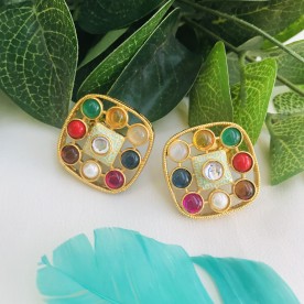 Gold Tone Navratan Stone Stud Earrings