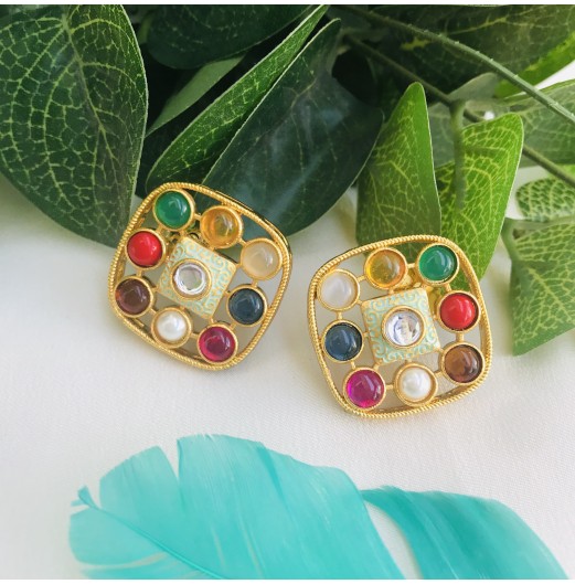 Gold Tone Navratan Stone Stud Earrings