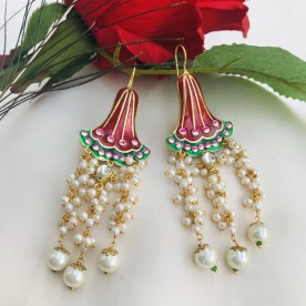 Gold Plated Red Handpainted Pearl Drop Earrings