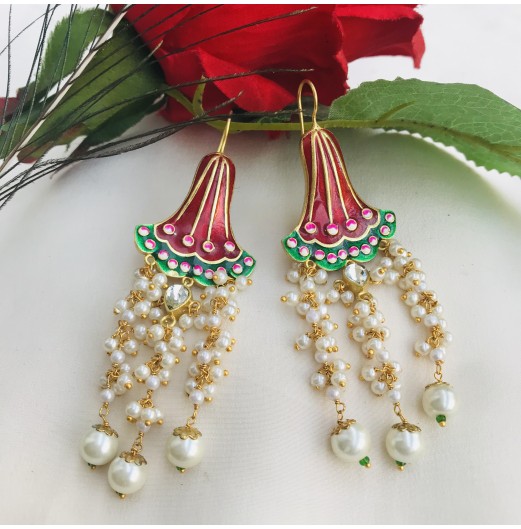 Gold Plated Red Handpainted Pearl Drop Earrings