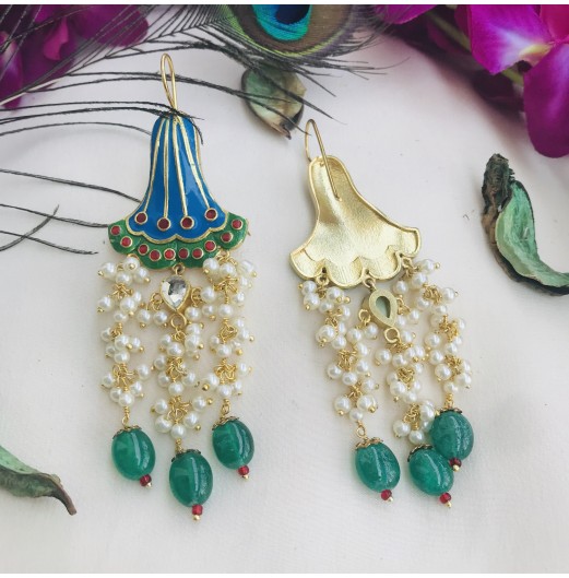 Gold Plated Feroze Handpainted Pearl Earrings