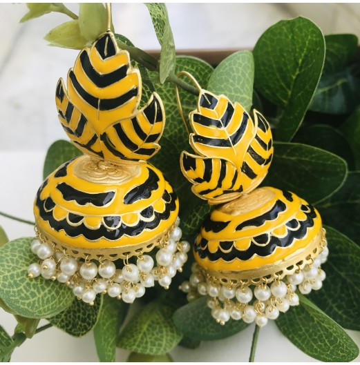 Yellow Handpainted Geometric Jhumki