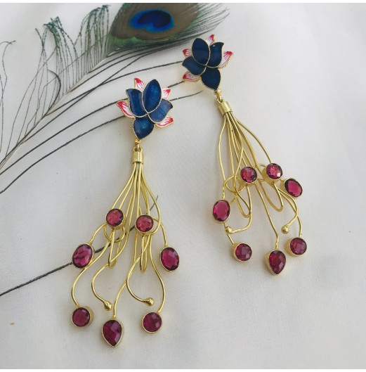 Gold Plated Lotus Handpainted Stone Dangler Earrings