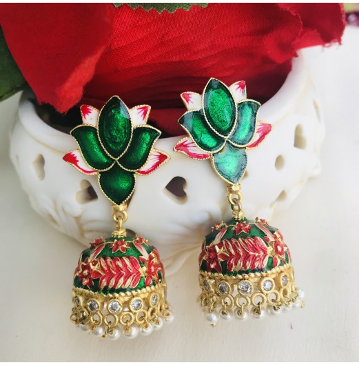 Gold Tone Lotus Meenakari Jhumki with Pearls