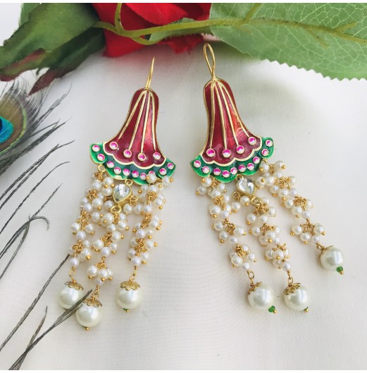 Gold Plated Red Handpainted Pearl Drop Earrings