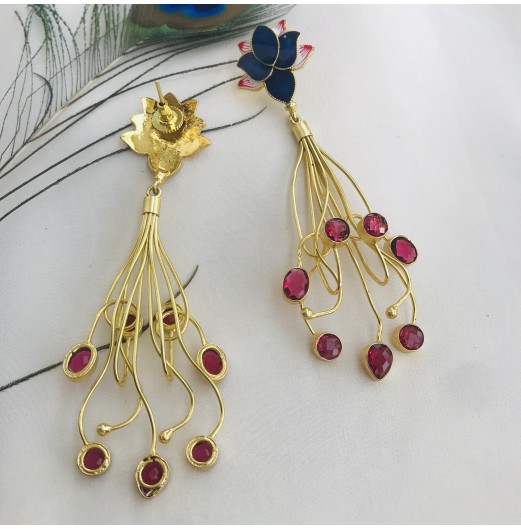 Gold Plated Lotus Handpainted Stone Dangler Earrings