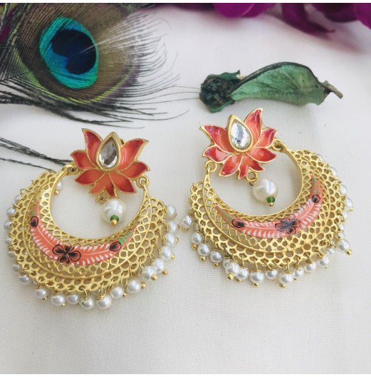 Lotus Pearl Drop Orange Chandbali Earrings