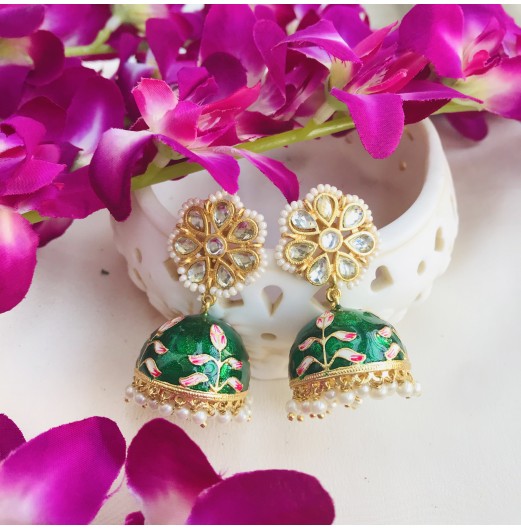 Green Meenakari Gold Plated Jhumka