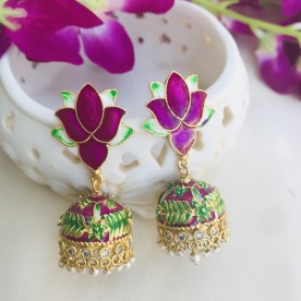 Gold Tone Lotus Meenakari Pearls Jhumki 