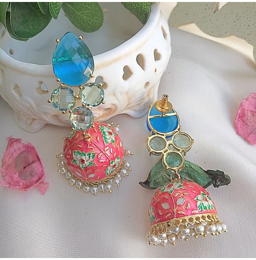 Pink Meenakari Blue Stone Gold Plated Pearl Jhumka