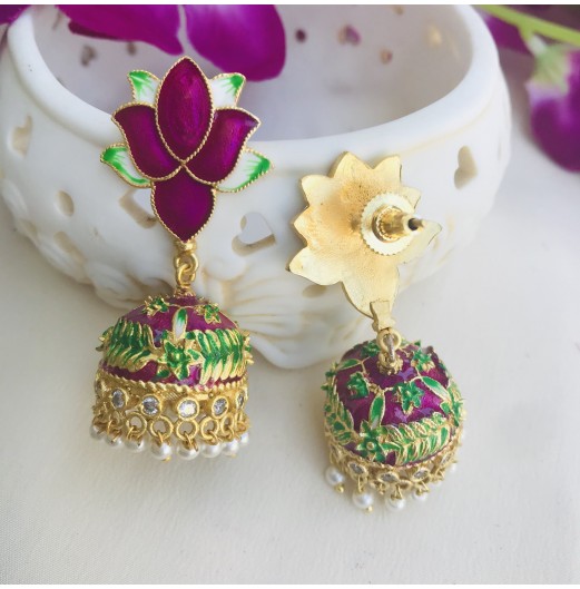 Gold Tone Lotus Meenakari Pearls Jhumki 