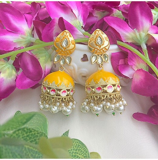 Yellow Kundan Meenakari Jhumki 