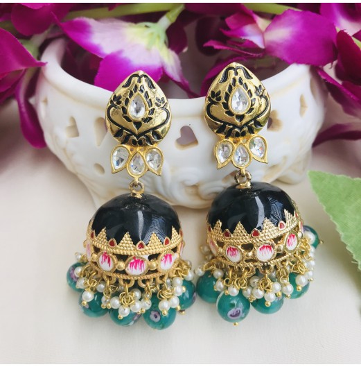 Black Meenakari Jhumki Green Beads