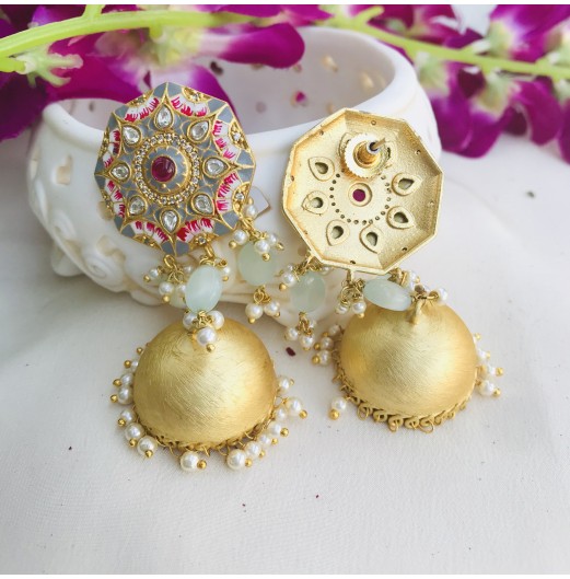 Gold Tone Meenakari Grey Jhumki