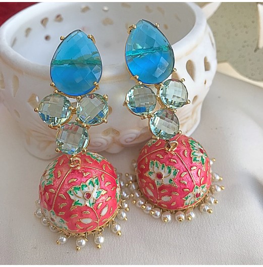 Pink Meenakari Blue Stone Gold Plated Pearl Jhumka