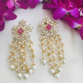 Flower Pattern Kundan Pearl Earrings 