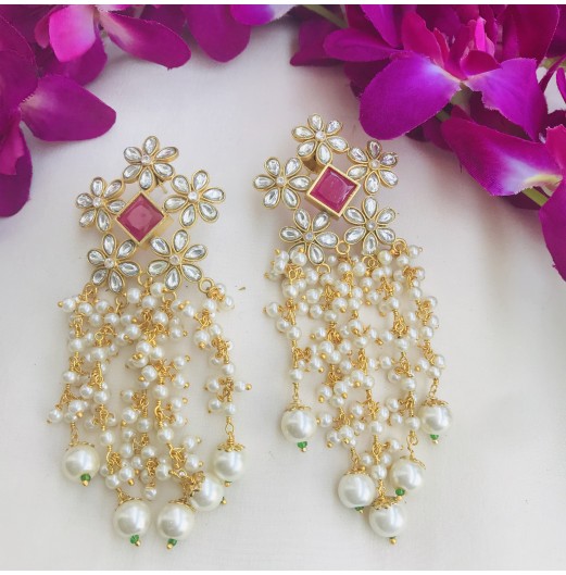 Flower Pattern Kundan Pearl Earrings 