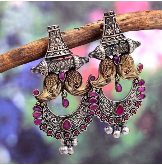 Tribal Silver Plated Dual Tone Earrings