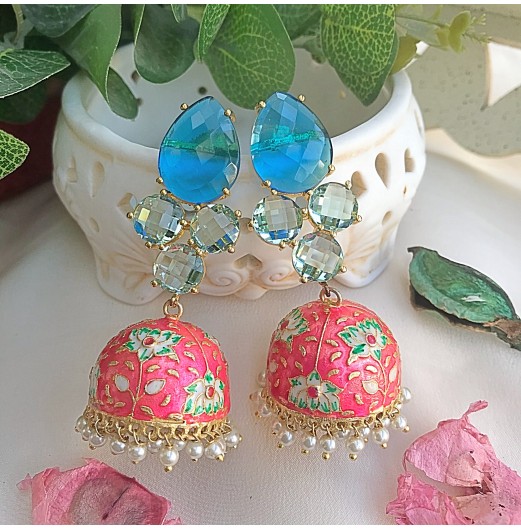 Pink Meenakari Blue Stone Gold Plated Pearl Jhumka