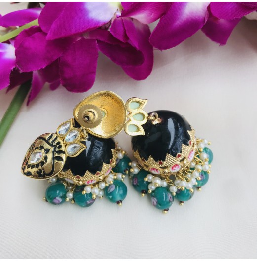 Black Meenakari Jhumki Green Beads