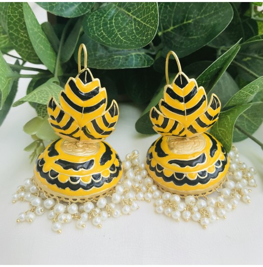 Yellow Handpainted Geometric Jhumki