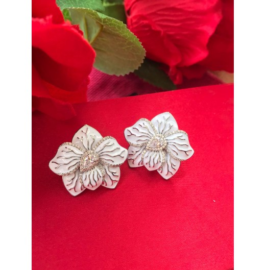 Silver White Enamel Floral Studs