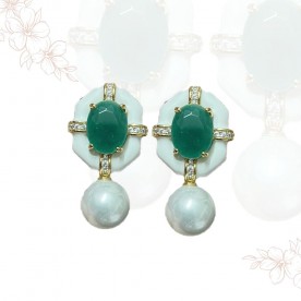 White Enamel Onyx Pearl Earrings