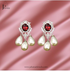 3 Pearl Diamante Red Earrings