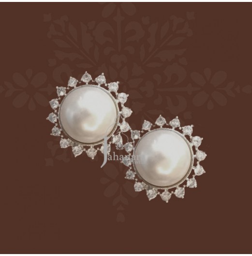 Zircon Edged Round Pearl Studs