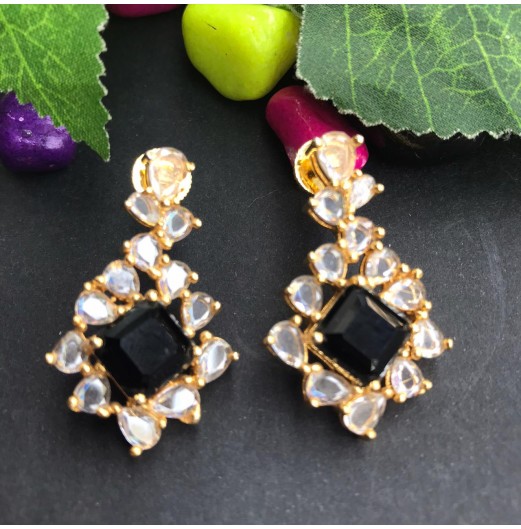 Gold Plated Black Stone AD Earrings