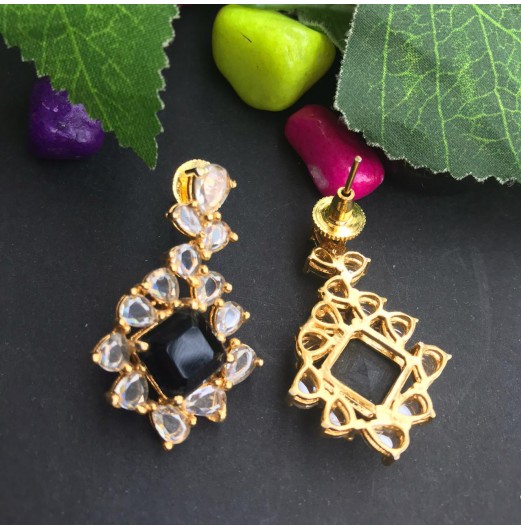 Gold Plated Black Stone AD Earrings